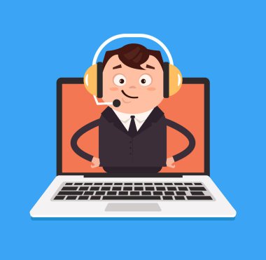 Çağrı canter manager yardım gülümseyen mutlu. Vektör düz izole simgesi karikatür çizim