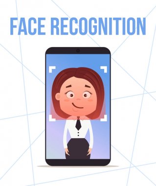 Akıllı telefon yüz tanıma tasarım. Vektör düz çizgi film illüstrasyon