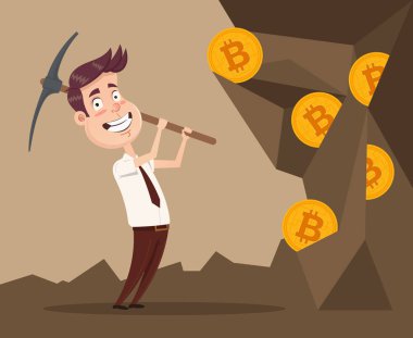 İşadamı karakter incelemesi bitcoins gülümseyerek mutlu. Vektör düz çizgi film illüstrasyon