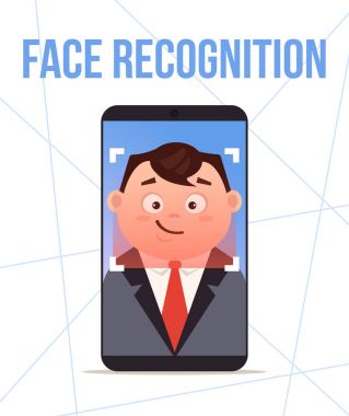 Akıllı telefon yüz tanıma tasarım. Vektör düz çizgi film illüstrasyon