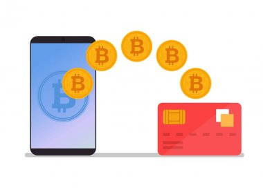 Kredi kartı işlem Bitcoin. Döviz Alım Satım kavramı. Vektör düz çizgi film illüstrasyon