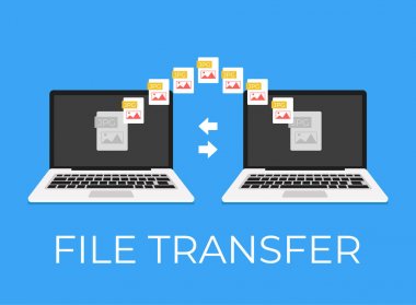 File transfer between laptop and laptop. Vector flat cartoon icon illustration  clipart