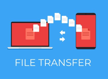 Telefon ve dizüstü bilgisayar arasında dosya transferi. Vektör düz çizgi film simge tasarlamak 