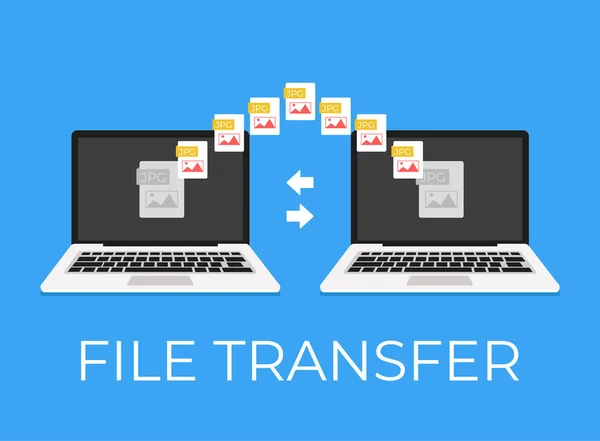 ノート パソコンとノート パソコンの間のファイル転送 ベクトル フラット漫画アイコン イラスト — ストックベクタ