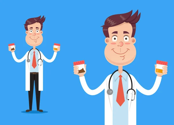 Mutlu gülümseyen doktor bilim adamı karakter tutun Biyoloji testleri idrar ve dışkı. Vektör düz çizgi film illüstrasyon