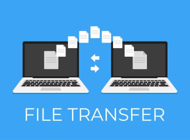 Dizüstü bilgisayar ve dizüstü bilgisayar arasında dosya transferi. Vektör düz çizgi film simge tasarlamak