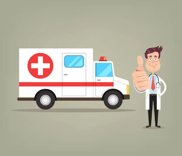 幸せな笑みを浮かべて医者が救急車車近くに立っている文字を分離しました 最初の援助の概念 ベクトル フラット漫画イラスト — ストックベクタ
