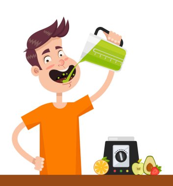 Mutlu gülümseyen adam karakter yemek meyve güler yüzlü milkshake suyu ve içki. Günaydın kavramı. Sağlıklı yaşam tarzı ve kahvaltı. Vektör düz izole illüstrasyon karikatür