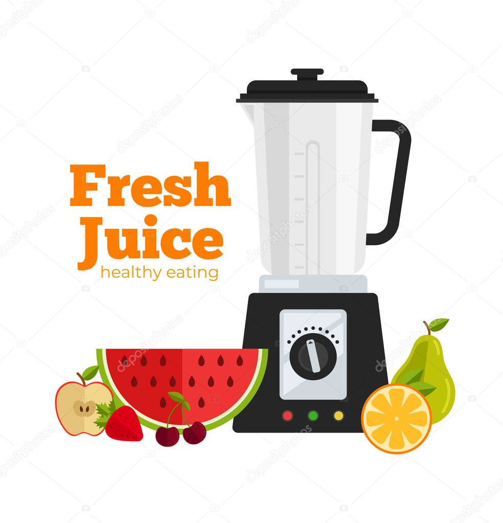 Fruits smoothie cocktail milkshake juice making of watermelon, berry, cherry, orange, apple, strawberry, pear by blender mixer. Morning breakfast healthy nutrition beverage drink concept. Vector flat cartoon design isolated illustration