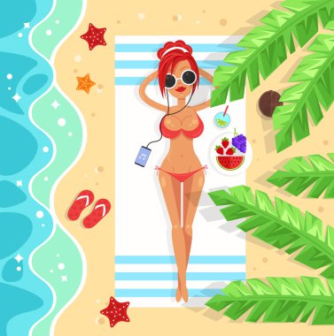 Deniz suyu yakınındaki plajda yalan ve kokteyl güneşlenme içme müzik rahatlatıcı mutlu gülümseyen genç kadın kız karakter. Yaz saati sezon tatil tatil kavramı. Vektör düz çizgi film illüstrasyon
