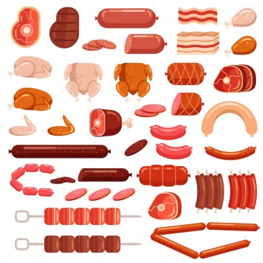 Taze ve pişmiş tavuk biftek ve inek et kesim dilimlenmiş sosis süpermarket ürün yelpazesine ürün öğeleri koleksiyonu izole simgesi sığır eti. Gastronomi bakkal pastırma biftek bacak kavramı. Vektör düz çizgi film illüstrasyon