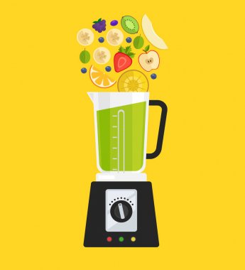 Elektrik blender Mikser makine yapım detoks diyet meyve suyu meyve elma muz kivi çilek bektaşi üzümü kavun ve ananas. Sağlıklı sabah kahvaltı beslenme kavramı. Vektör düz izole illüstrasyon karikatür