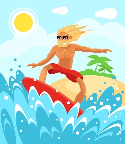 Feliz Sorrindo Jovem Macho Homem Menino Personagem Está Montando Surf —  Vetores de Stock