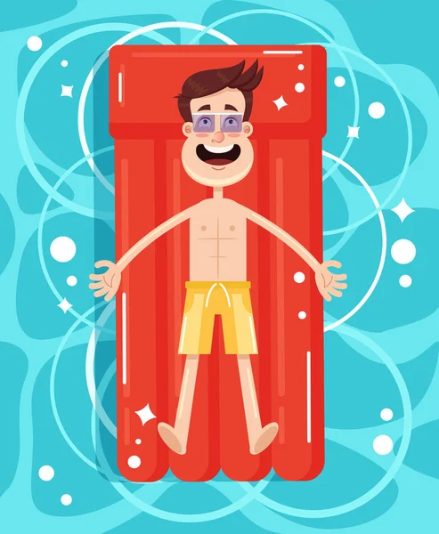 Glücklich Lächelnde Büroangestellte Männerfigur Schwimmt Auf Aufblasbarer Matratze Schwimmbad Erholungsurlaub — Stockvektor