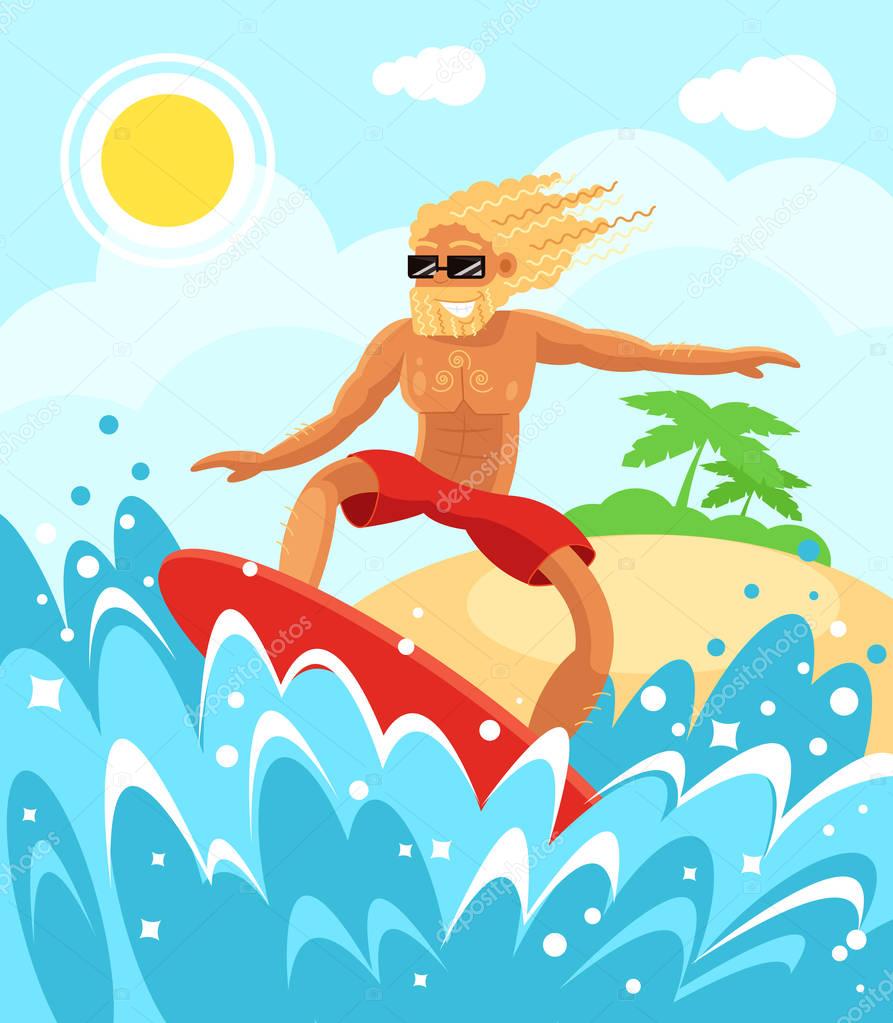 Happy smiling young macho man boy character is riding surfing. Holiday vacation relax summer time and sunny days sea water wave surfboard concept. Vector flat cartoon illustration