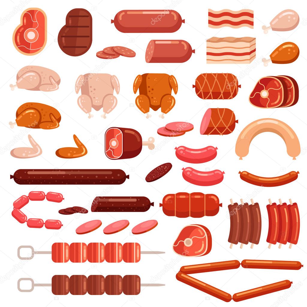 Fresh and cooked chicken pork and cow beef meat cut sliced sausage supermarket assortment product elements collection isolated icon. Gastronomy grocery bacon steak leg concept. Vector flat cartoon illustration