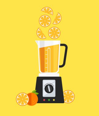 Elektrik blender Mikser makine alet yapım detoks diyet meyve suyu meyve narenciye portakal limon ile. Sağlıklı yaşam tarzı sabah enerji kahvaltı beslenme kavramı. Vektör düz çizgi film izole afiş