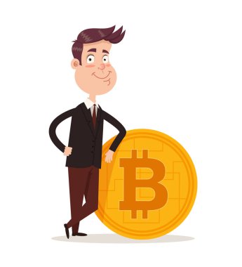Mutlu işadamı office çalışan Yöneticisi karakter ayakta altın bitcoin sanal dijital yakınındaki gülümseyen cryptocurrency para sembol ve Tamam gösterilen oturum açın. E-ticaret elektronik Finans incelemesi kavramı. Vektör düz çizgi film illüstrasyon