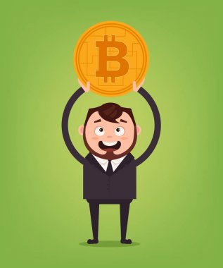 Mutlu gülümseyen iş adamı office çalışan Yöneticisi karakter holding altın bitcoin sanal dijital cryptocurrency para sembol. E-ticaret elektronik Finans incelemesi kavramı. Vektör düz çizgi film illüstrasyon