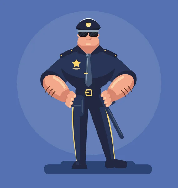 Strong muscular man security police officer cop character mascot with serious face expression standing and holding gun. Security authority justice low service concept. Vector flat cartoon isolated illustration