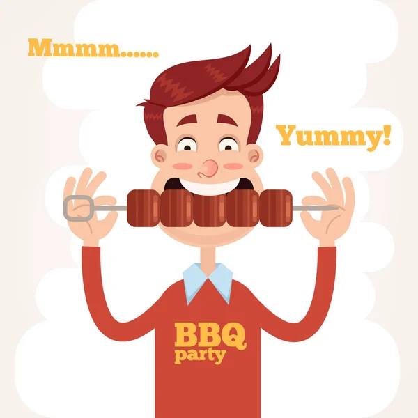 Boldog Mosolygó Ember Karakter Friss Ízletes Barbecue Eszik Főtt Grillezett — Stock Vector