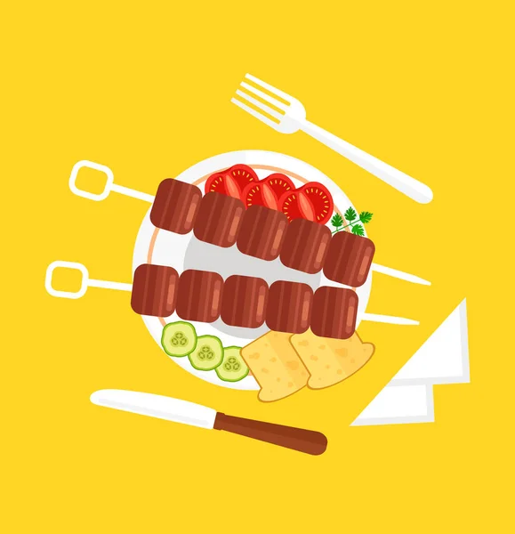 Sabroso Trozo Carne Roja Fresca Con Tomate Pimienta Pepino Plato — Vector de stock