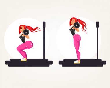 Ağır barbell ile egzersiz ağız kavgası yapıyor sportif fitness vücut geliştirmeci atlet eğitmen öğretmen bir kadın. Spor çömelme aktivite vücut geliştirme eğitimi eğitim örnek örnek kavram. Vektör düz izole izole grafik tasarlamak yan ayarla