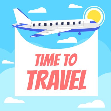 Uçak gösteren reklam turizm banner. Yaz saati afiş poster öğe kavramı reklam seyahat etmek. Vektör düz çizgi film grafik tasarım çizim