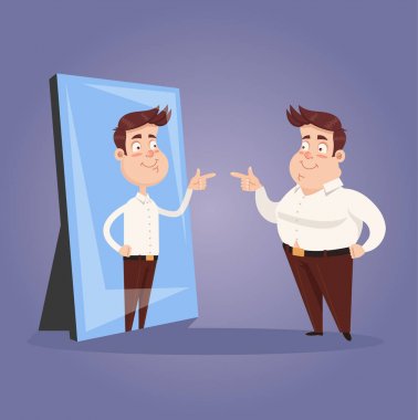 Fat narcissist positive confident office worker businessman character looking at mirror and see slim attractive sporty athlete thin man in reflection. Motivation dream goal hope transformation imagination concept. Vector flat cartoon graphic design clipart
