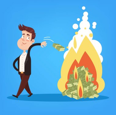 Happy smiling rich millionaire politician businessman entrepreneur character dropping money banknote dollars currency on fire. Money burn corruption crisis crime concept. Financial fail inflation concept. Vector flat cartoon design graphic isolated clipart