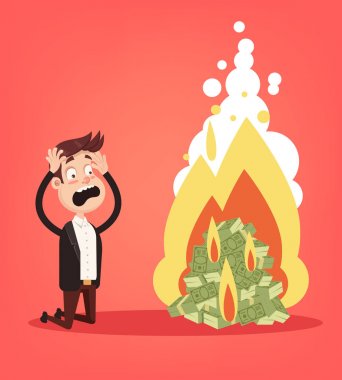 Para dolar Döviz Alım kağıt not yığını ateş yanan arıyorum çığlık office çalışan işadamı girişimci adam karakter korkuttu. Nakit yanmak iflas kriz bankacılık ticari. Mali başarısız enflasyon kavramı. Vektör düz çizgi film tasarımı