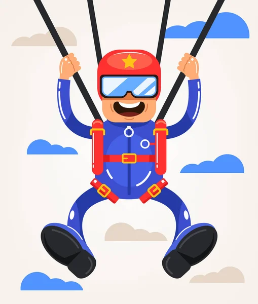 Glücklich Lächelnd Schreiend Verrückt Tapfer Fallschirmspringer Mann Charakter Springen Fliegen — Stockvektor