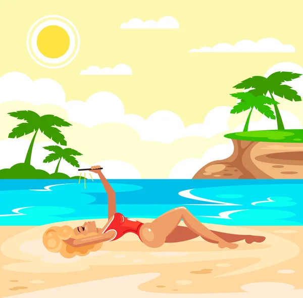 Sexy Modell Schöne Frauenfigur Bikini Badeanzug Sonnenbaden Liegend Entspannt Auf — Stockvektor