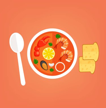 Karides, Yengeç, midye, limon ve soğan ile deniz gıda sıcak çorba. Beslenme üstten görünüm kavramı yemek yiyecek yemek. İzole düz grafik simge öğe tasarlamak vektör