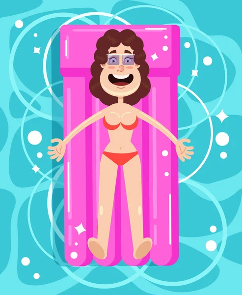 Glücklich Lächelnde Büroangestellte Frauenfigur Schwimmt Auf Aufblasbarer Matratze Schwimmbad Erholungsurlaub — Stockvektor
