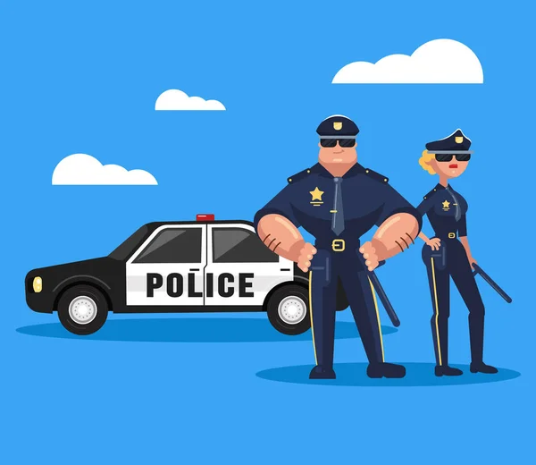 Δύο Αστυνομικός Άνδρας Και Γυναίκα Αξιωματικός Χαρακτήρες Στέκεται Κοντά Στο — Διανυσματικό Αρχείο