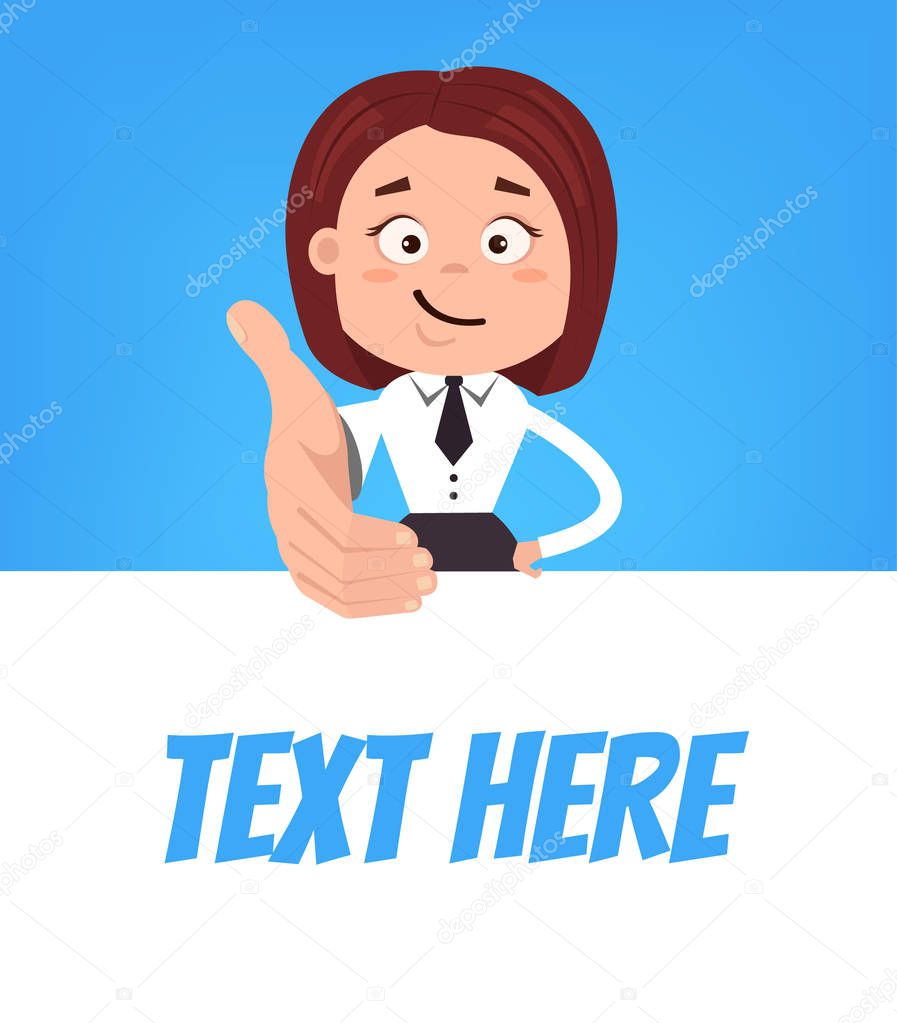 Smiling businessman office worker character manager woman stretches arm. Helping hand business support success teamwork feminism solidarity text place concept. Vector flat graphic design isolated element illustration