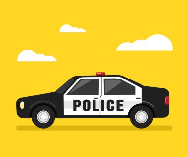 Siyah beyaz polis departmanı polis araba yan görünümü. Otomobil güvenlik hükümet kavramı. Vektör düz çizgi film tasarım grafik illüstrasyon izole