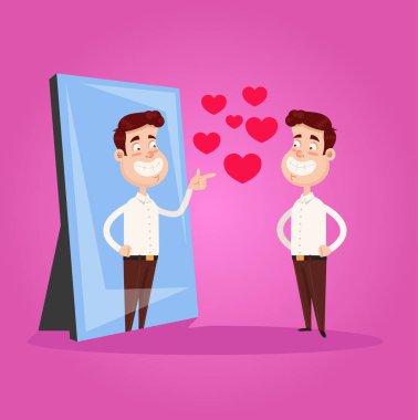 Happy smiling narcissistic businessman office worker character looks at mirror and pointing finger to reflection. Self support love motivation egoistical concept. Vector flat cartoon design graphic isolated illustration clipart