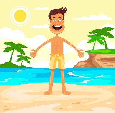 Mutlu gülümseyen turist adam karakter üzerinde duran su kenarında mal plaj deniz. Tatil seyahat etmek tatil turizm resort konsepti. Vektör düz çizgi film tasarım grafik illüstrasyon