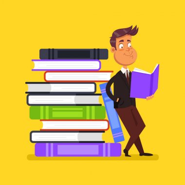 Mutlu gülümseyen adam karakter okuma kitabı açın. Eğitim edebiyat Kütüphane öğesi kavramı. Vektör düz çizgi film tasarım grafik illüstrasyon izole