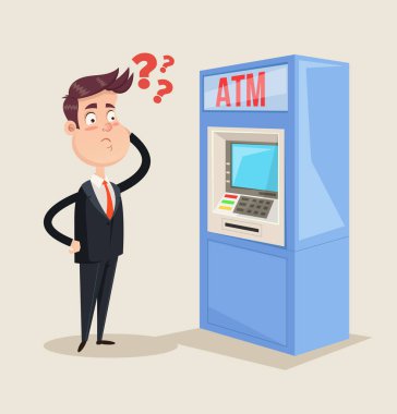Office çalışan işadamı Yöneticisi kişi karakter düşünme para hareket nakit para birimi atm pos terminal kredi kartı geri alıyorum. Banka hizmet ödeme kavramı. Düz izole vektör grafik tasarım çizim