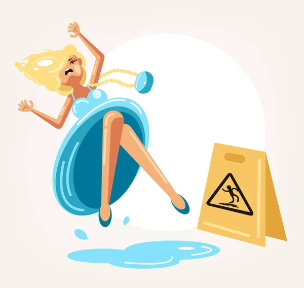 Inconsiderate Woman Character See Warning Yellow Sign Slips Fall Wet — Stock Vector