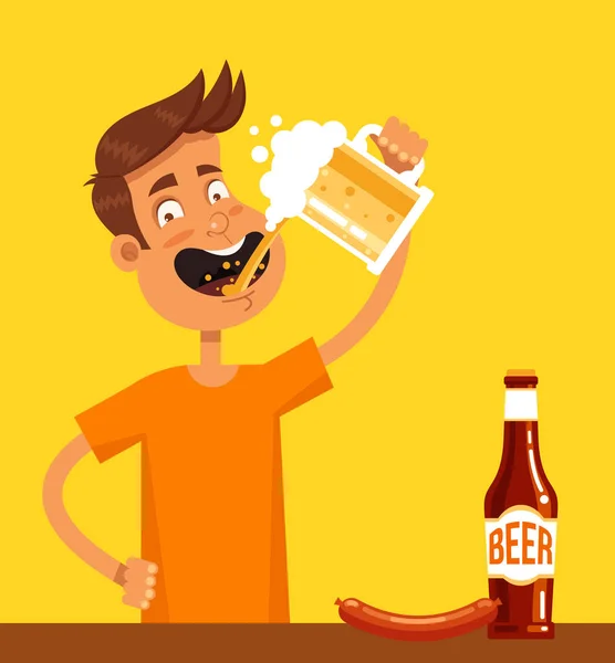 Felice Uomo Sorridente Personaggio Mascotte Possesso Birra Tazza Bere Celebrazione — Vettoriale Stock