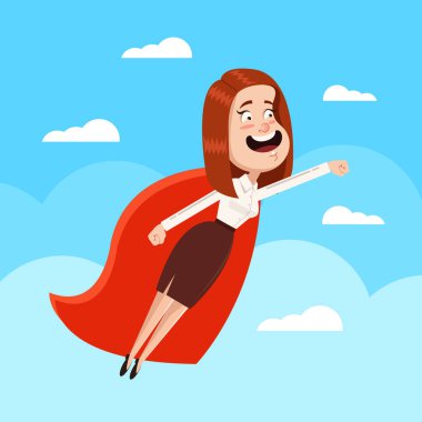 Cesur güçlü kadın ofis işçi iş kadını süper kahraman kırmızı pelerin kostüm karakter uçmak gökyüzünde. Galibi başarı güven liderlik kavramı. Vektör düz çizgi film grafik tasarım illüstrasyon izole