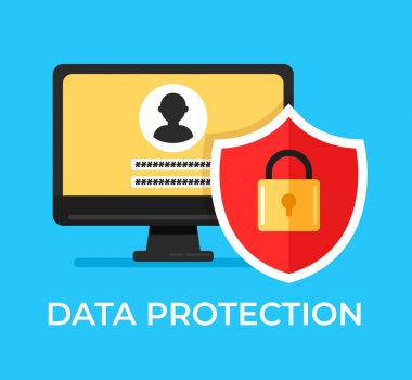 Bilgisayar kullanıcı adı ve şifre koruma kırmızı kalkan kilit altında. Veri koruma güvenli gizlilik bilgi erişim simgesi kavramı. Vektör düz çizgi film grafik tasarım illüstrasyon izole