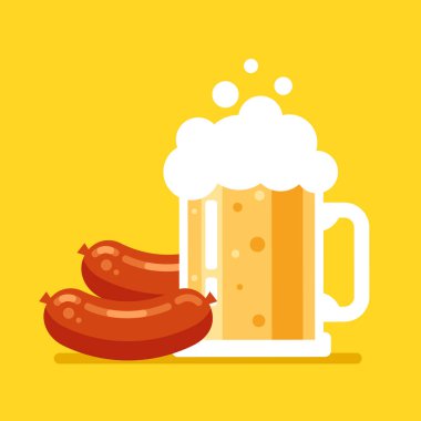 Bira kupa bardak sosis ile köpük hafif bira. Kafeler barlar alkol kavramı. Vektör düz çizgi film grafik tasarım illüstrasyon izole
