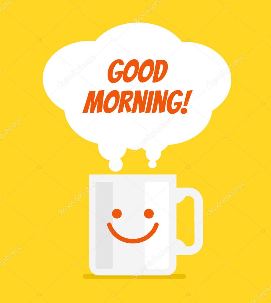 Cup of hot drink coffee tea and steam. Good morning monday text place tittle concept. Vector flat cartoon isolated graphic design illustration