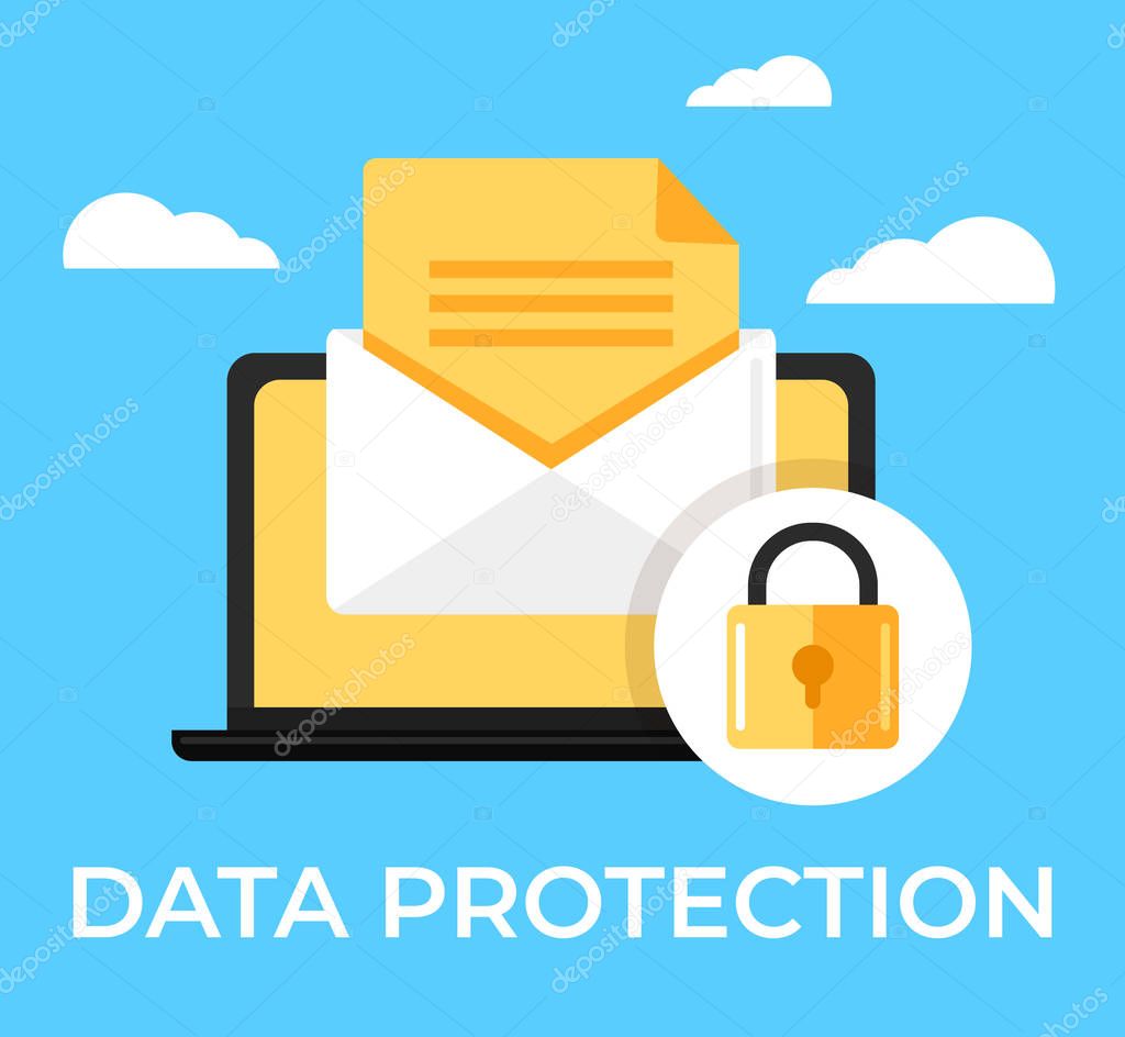 Laptop with envelop online email text under protection red shield lock. Data protection secure privacy information access icon concept. Vector flat cartoon isolated graphic design illustration