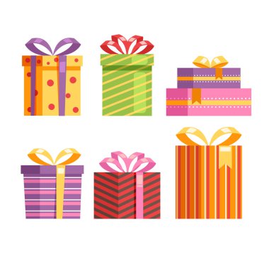 Özel dekore edilmiş hediye kutuları seti. Vektör düz grafik tasarım çizimi